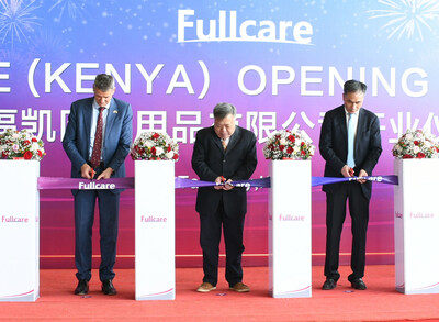 FullCares new medical garment facility at Tatu City was inaugurated at a ribbon-cutting ceremony graced by China Embassy Minister Counsellor Mr. Zhang (centre); Founder of FullCare Medical, Lu Jianguo (right); and Rendeavour Founder & CEO Stephen Jennings (left).