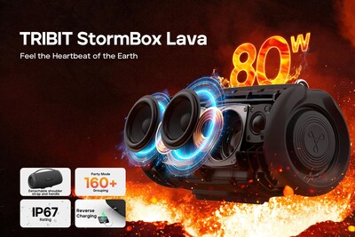 TRIBIT StormBox Lava便携式蓝牙音箱,80W大音量无线音箱,24小时续航,IP67防水等级,蓝牙5.4,自定义均衡器,XBass,内置麦克风,TWS配对,适用于露营/海滩/派对/户外等场景 TRIBIT StormBox Lava便携式蓝牙音箱,80W大音量无线音箱,24小时续航,IP67防水等级,蓝牙5.4,自定义均衡器,XBass,内置麦克风,TWS配对,适用于露营/海滩/派对/户外等场景