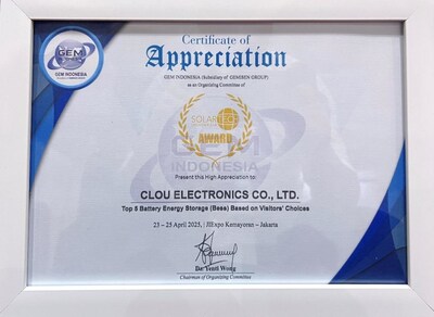 CLOU was honored as TOP 5 Battery & Energy Storage Innovation Company by Visitors’ Choice, awarded by GEM Indonesia CLOU was honored as TOP 5 Battery & Energy Storage Innovation Company by Visitors’ Choice, awarded by GEM Indonesia