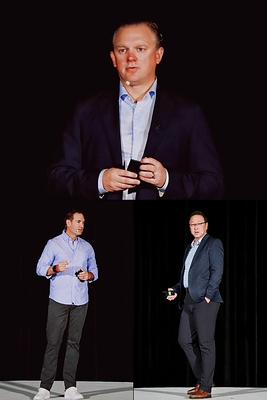 主旨演讲：OCTAVE（鹰图软件）首席执行官Mattias Stenberg先生（上）；OCTAVE（鹰图软件）首席产品官Jay Allardyce先生（下左）；OCTAVE（鹰图软件）全球高级副总裁、大中华区总裁贾智骏先生（下右）