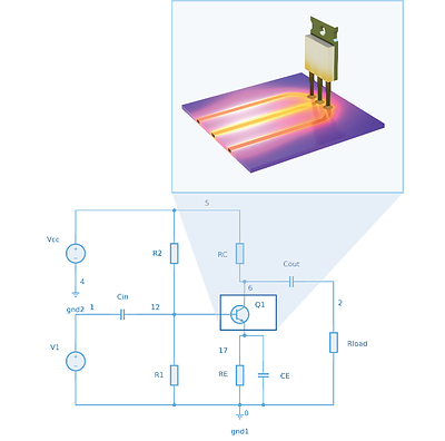 在 COMSOL Systems中创建的一个电路模型,与在 COMSOL Multiphysics中搭建的一个三维多物理场模型进行耦合,实现 在 COMSOL Systems中创建的一个电路模型,与在 COMSOL Multiphysics中搭建的一个三维多物理场模型进行耦合,实现